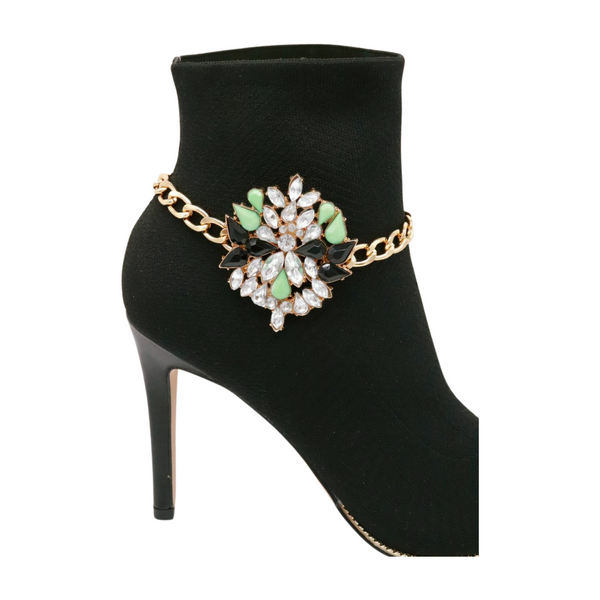 Women Gold Metal Chain Boot Bracelet Shoe Green Flower Charm