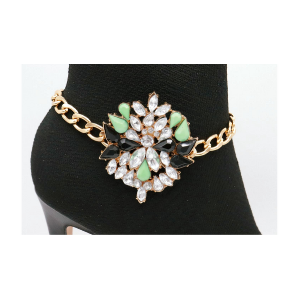 Women Gold Metal Chain Boot Bracelet Shoe Green Flower Charm