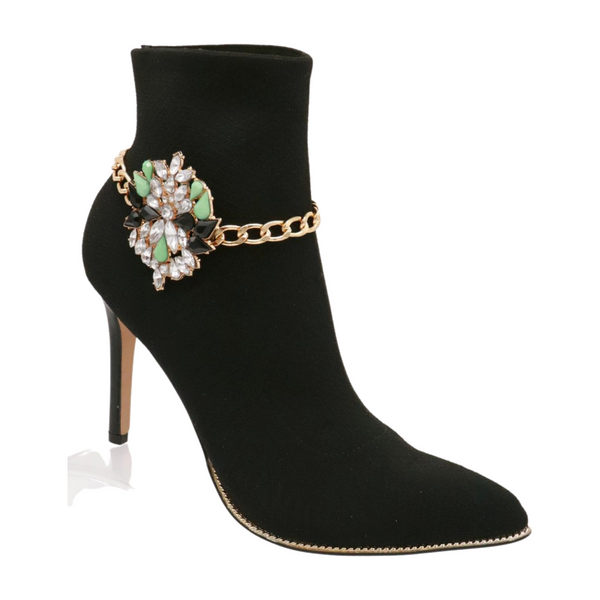 Women Gold Metal Chain Boot Bracelet Shoe Green Flower Charm