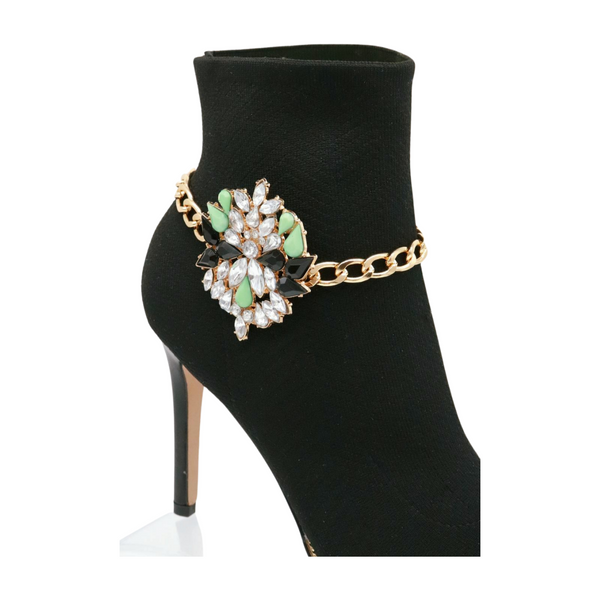 Women Gold Metal Chain Boot Bracelet Shoe Green Flower Charm