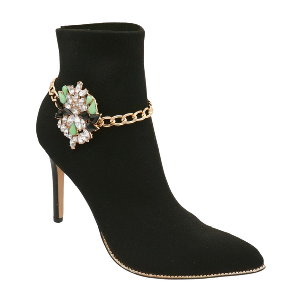 Women Gold Metal Chain Boot Bracelet Shoe Green Flower Charm