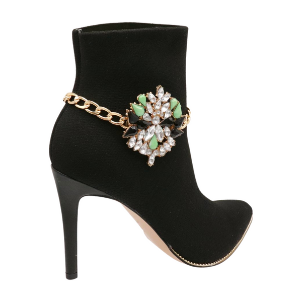 Women Gold Metal Chain Boot Bracelet Shoe Green Flower Charm