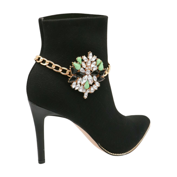 Women Gold Metal Chain Boot Bracelet Shoe Green Flower Charm