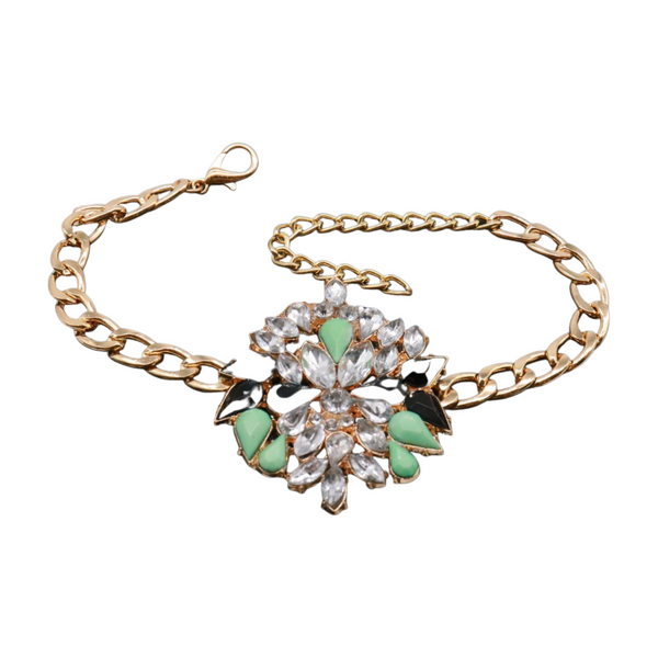 Women Gold Metal Chain Boot Bracelet Shoe Green Flower Charm