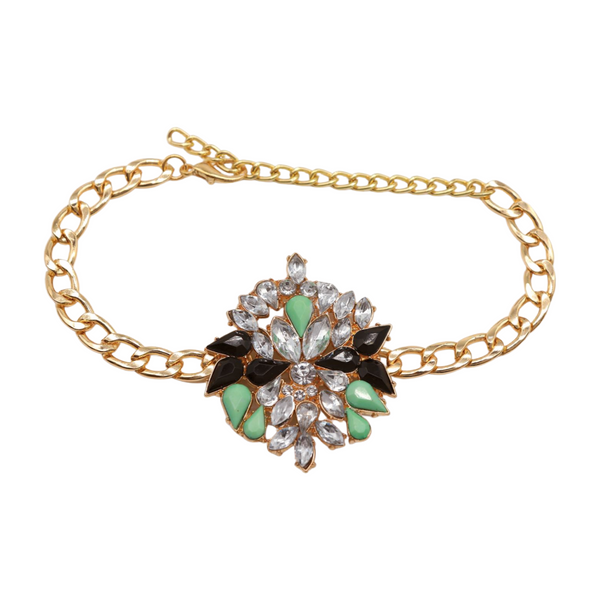 Women Gold Metal Chain Boot Bracelet Shoe Green Flower Charm