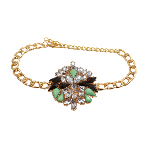 Women Gold Metal Chain Boot Bracelet Shoe Green Flower Charm