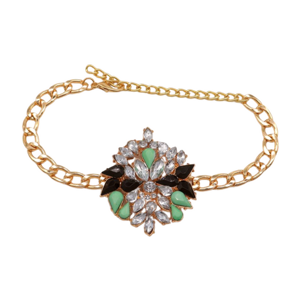Women Gold Metal Chain Boot Bracelet Shoe Green Flower Charm