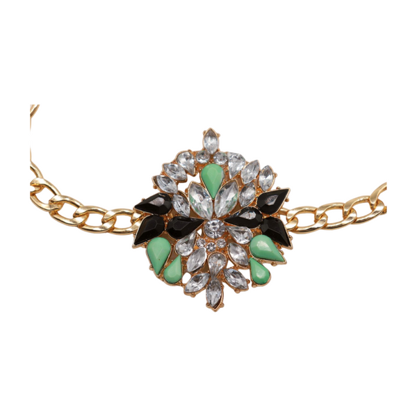 Women Gold Metal Chain Boot Bracelet Shoe Green Flower Charm