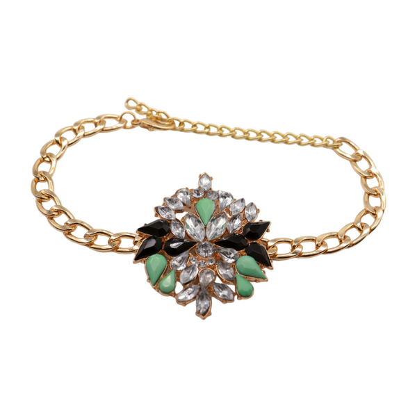 Women Gold Metal Chain Boot Bracelet Shoe Green Flower Charm