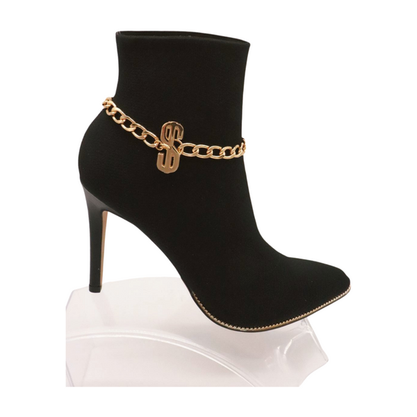 Women Gold Chain Boot Bracelet Shoe Dollar Sign $ Charm