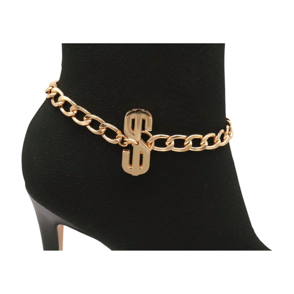 Women Gold Chain Boot Bracelet Shoe Dollar Sign $ Charm