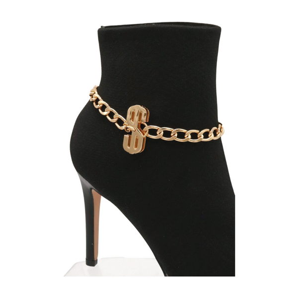Women Gold Chain Boot Bracelet Shoe Dollar Sign $ Charm