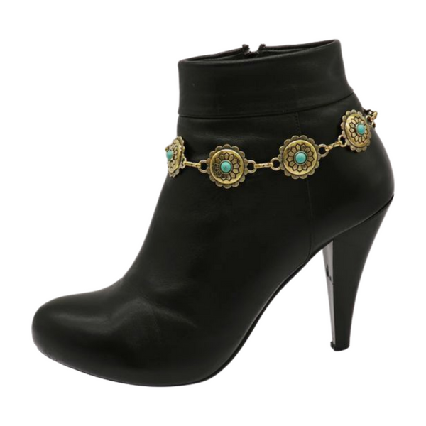 Women Antique Gold Metal Boot Chain Bracelet Shoe Charm Turquoise Blue Flower One Size