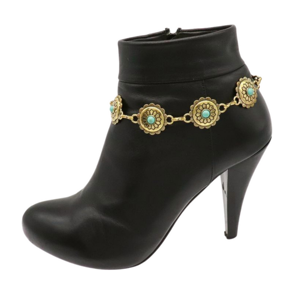 Women Antique Gold Metal Boot Chain Bracelet Shoe Charm Turquoise Blue Flower One Size