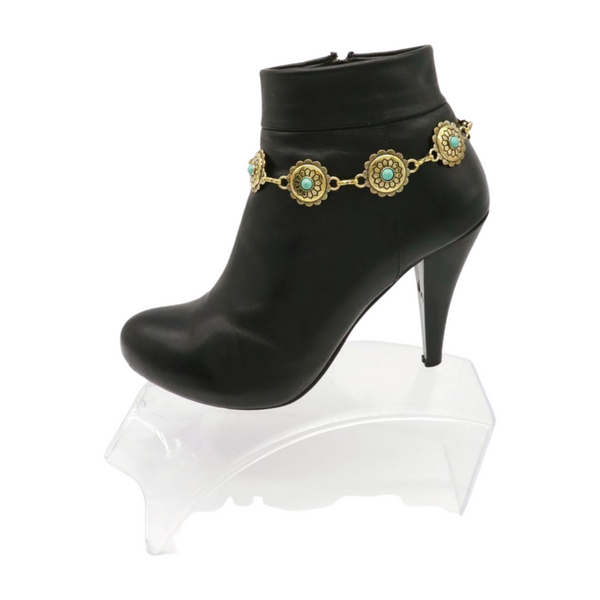 Women Antique Gold Metal Boot Chain Bracelet Shoe Charm Turquoise Blue Flower One Size