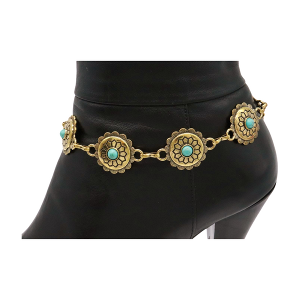 Women Antique Gold Metal Boot Chain Bracelet Shoe Charm Turquoise Blue Flower One Size