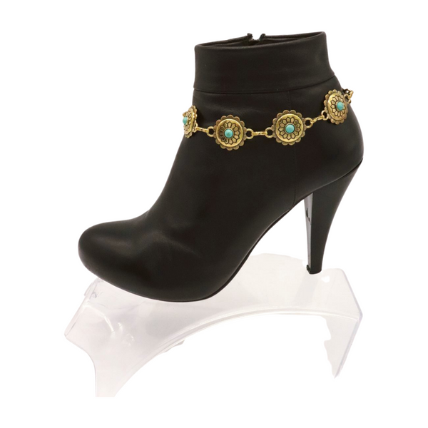 Women Antique Gold Metal Boot Chain Bracelet Shoe Charm Turquoise Blue Flower One Size