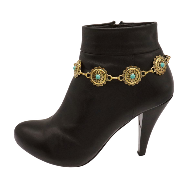 Women Antique Gold Metal Boot Chain Bracelet Shoe Charm Turquoise Blue Flower One Size