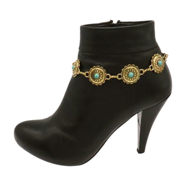 Women Antique Gold Metal Boot Chain Bracelet Shoe Charm Turquoise Blue Flower One Size