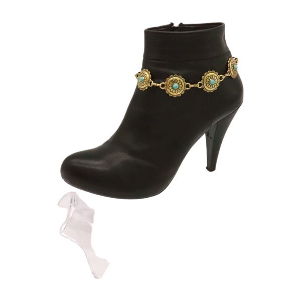 Women Antique Gold Metal Boot Chain Bracelet Shoe Charm Turquoise Blue Flower One Size