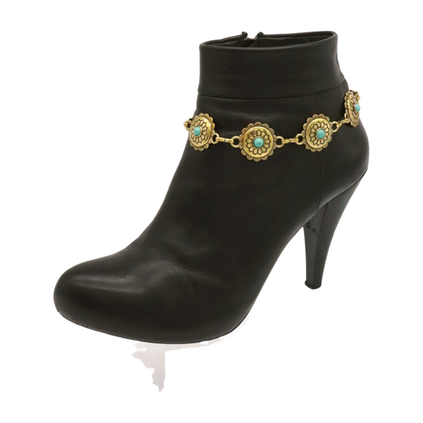 Women Antique Gold Metal Boot Chain Bracelet Shoe Charm Turquoise Blue Flower One Size
