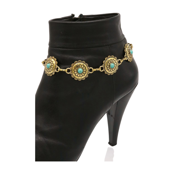 Women Antique Gold Metal Boot Chain Bracelet Shoe Charm Turquoise Blue Flower One Size