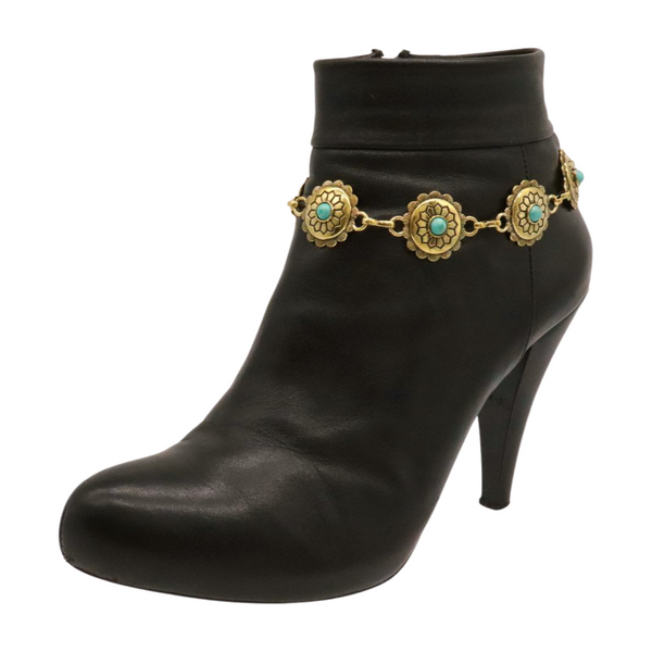 Women Antique Gold Metal Boot Chain Bracelet Shoe Charm Turquoise Blue Flower One Size