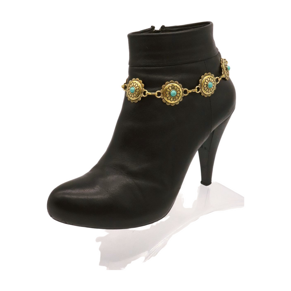 Women Antique Gold Metal Boot Chain Bracelet Shoe Charm Turquoise Blue Flower One Size