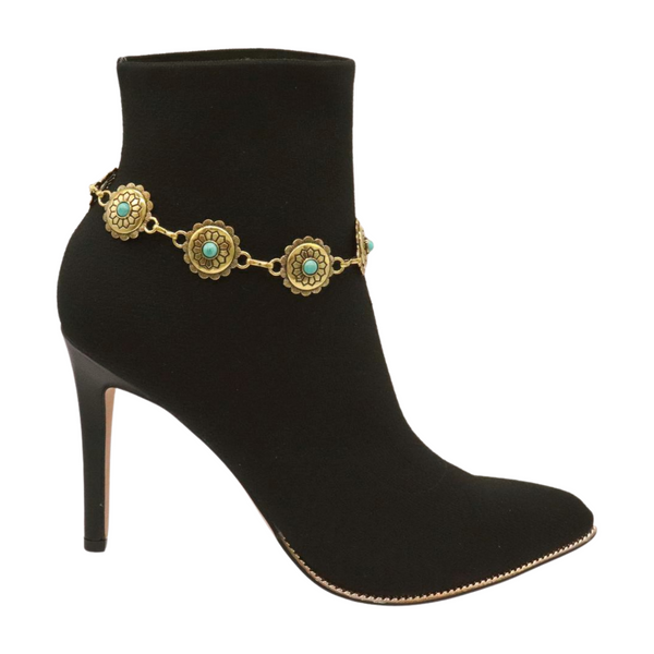 Women Antique Gold Metal Boot Chain Bracelet Shoe Charm Turquoise Blue Flower One Size