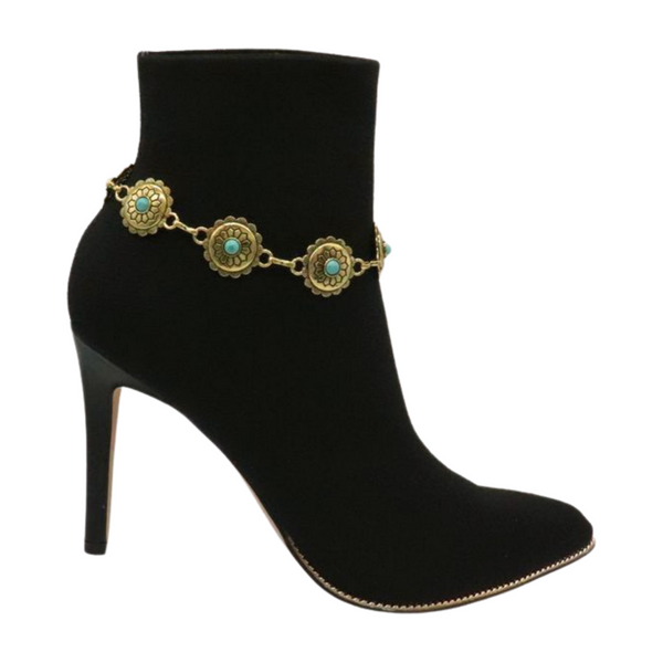 Women Antique Gold Metal Boot Chain Bracelet Shoe Charm Turquoise Blue Flower One Size