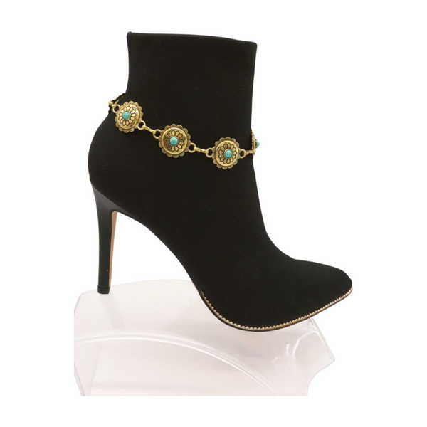 Women Antique Gold Metal Boot Chain Bracelet Shoe Charm Turquoise Blue Flower One Size