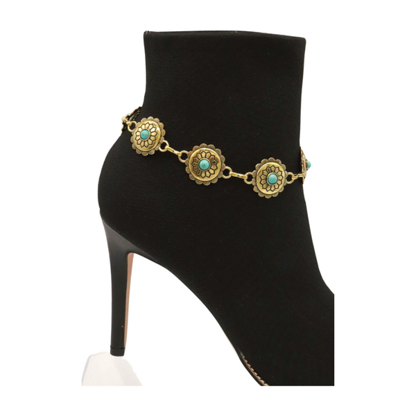 Women Antique Gold Metal Boot Chain Bracelet Shoe Charm Turquoise Blue Flower One Size