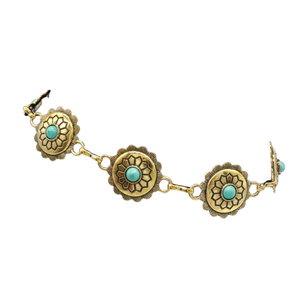 Women Antique Gold Metal Boot Chain Bracelet Shoe Charm Turquoise Blue Flower One Size