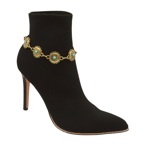 Women Antique Gold Metal Boot Chain Bracelet Shoe Charm Turquoise Blue Flower One Size