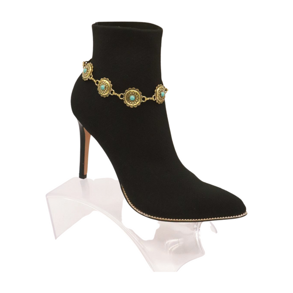 Women Antique Gold Metal Boot Chain Bracelet Shoe Charm Turquoise Blue Flower One Size