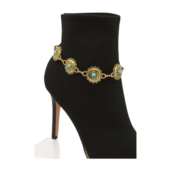 Women Antique Gold Metal Boot Chain Bracelet Shoe Charm Turquoise Blue Flower One Size