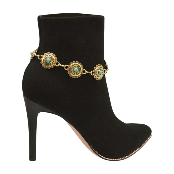 Women Antique Gold Metal Boot Chain Bracelet Shoe Charm Turquoise Blue Flower One Size