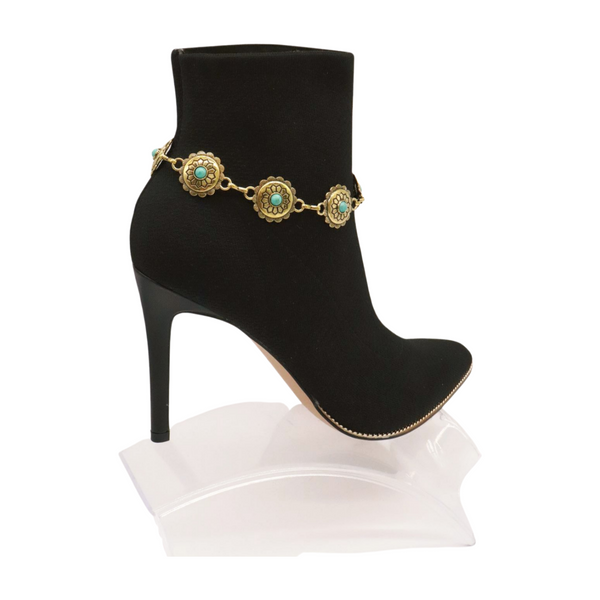 Women Antique Gold Metal Boot Chain Bracelet Shoe Charm Turquoise Blue Flower One Size