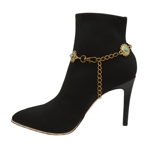 Women Antique Gold Metal Boot Chain Bracelet Shoe Charm Turquoise Blue Flower One Size