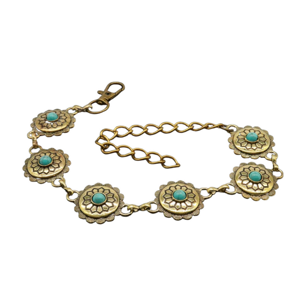 Women Antique Gold Metal Boot Chain Bracelet Shoe Charm Turquoise Blue Flower One Size