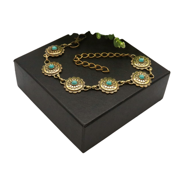 Women Antique Gold Metal Boot Chain Bracelet Shoe Charm Turquoise Blue Flower One Size