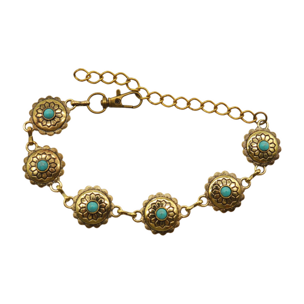 Women Antique Gold Metal Boot Chain Bracelet Shoe Charm Turquoise Blue Flower One Size