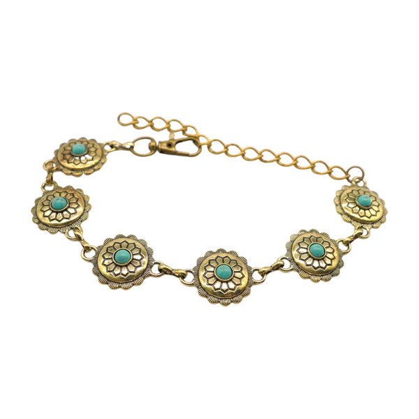 Women Antique Gold Metal Boot Chain Bracelet Shoe Charm Turquoise Blue Flower One Size