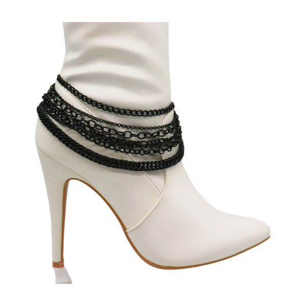 Brand New Women Black Metal Chain Boot Bracelet Anklet Shoe Wave Charm Texas Western Style