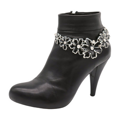 Women Silver Metal Boot Chain Bracelet Shoe Black Flower Charm