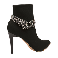 Women Silver Metal Boot Chain Bracelet Shoe Black Flower Charm