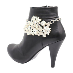 Women Silver Metal Boot Chain Bracelet Anklet Shoe Bling Rhinestone Flower Charm