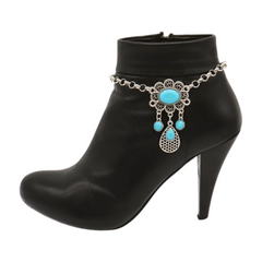 Women Ethnic Silver Metal Chain Boot Bracelet Anklet Shoe Turquoise Blue Charm
