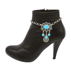 Women Ethnic Silver Metal Chain Boot Bracelet Anklet Shoe Turquoise Blue Charm