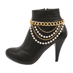 Women Gold Metal Western Boot Chain Bracelet Shoe Anklet Wave Pearl Beads Charm